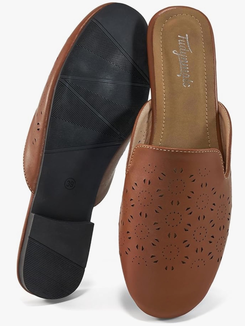 Brown Perforated Slip-On Mules